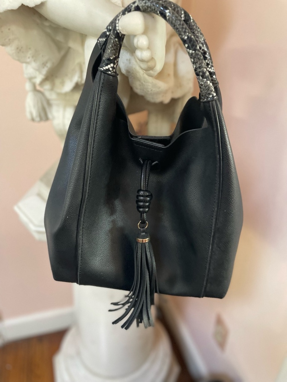 Black Leather Tassel Shoulder Bag with Snakeskin-Effect Handle